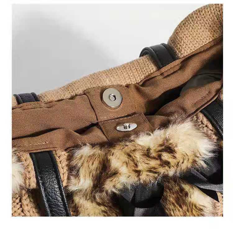 Leopard Knit Patchwork Plush Shoulder Tote Bag