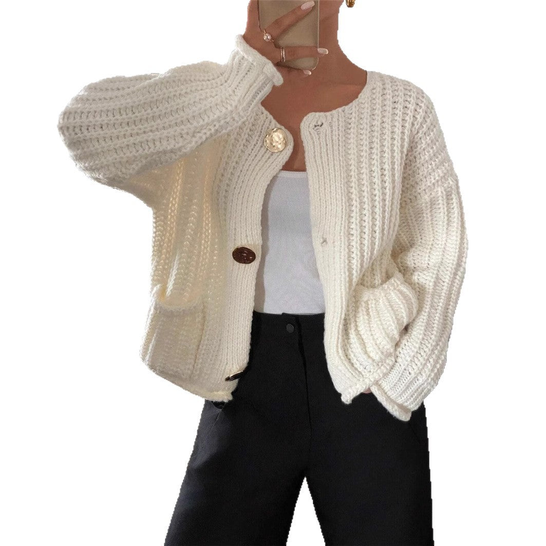 Round Neck Loose Long Sleeve Knit Cardigan