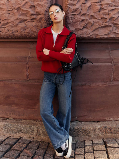 Solid Color Zipper Sweater Loose Knit Sweater