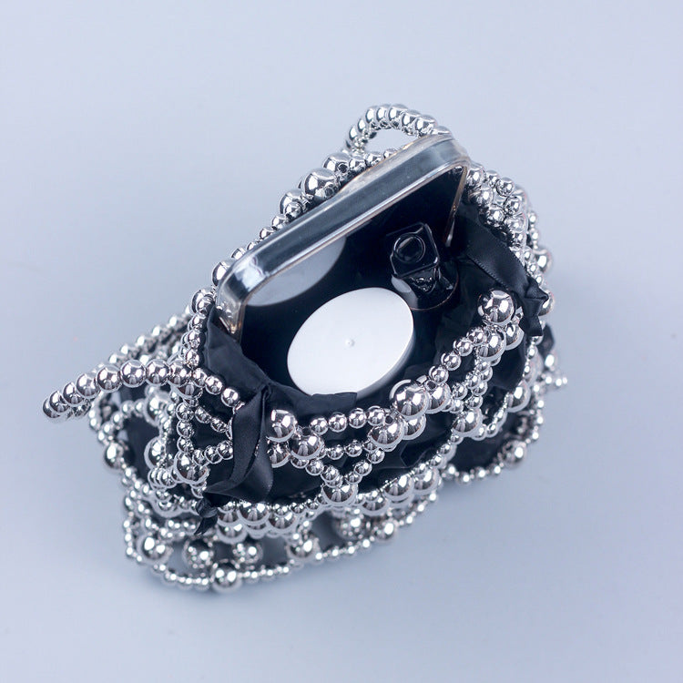 Hollow Solid Color Beads Handbag