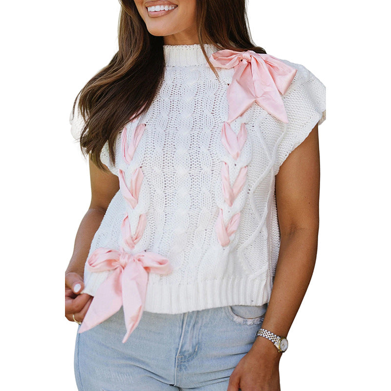 Round Neck Short Sleeves Bow Knot Knit Vest
