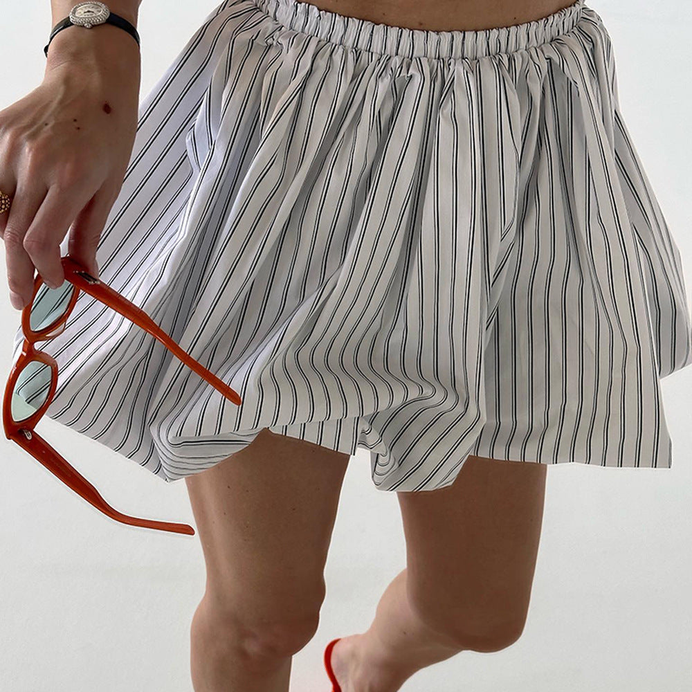 Striped Pleated Mini Puffy High-Waisted Skirt