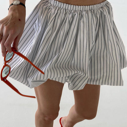 Striped Pleated Mini Puffy High-Waisted Skirt