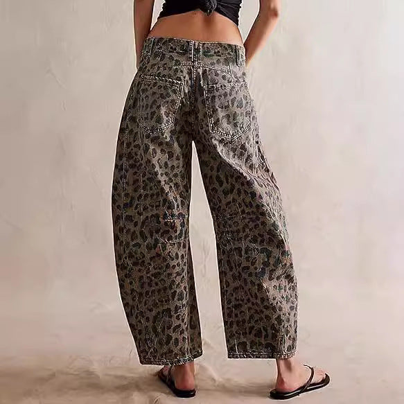 Leopard Print Loose Midi Waist Wide Leg Jeans