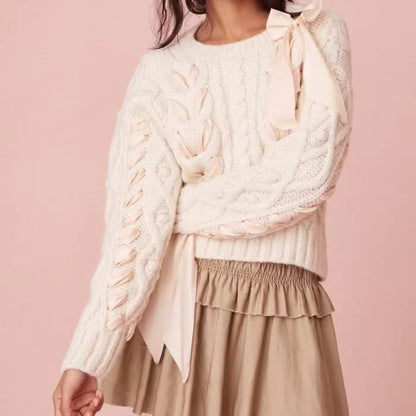 Bows Sweet Twist Round Neck Sweater