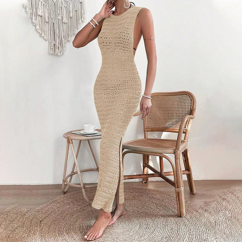 Solid Color Hollow Out Sexy Split Swim Cover Up