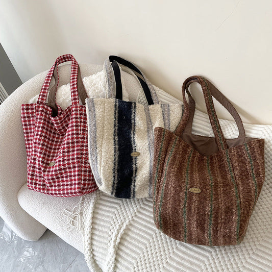 Plaid Striped Color Block Large Capacity Tote Bag