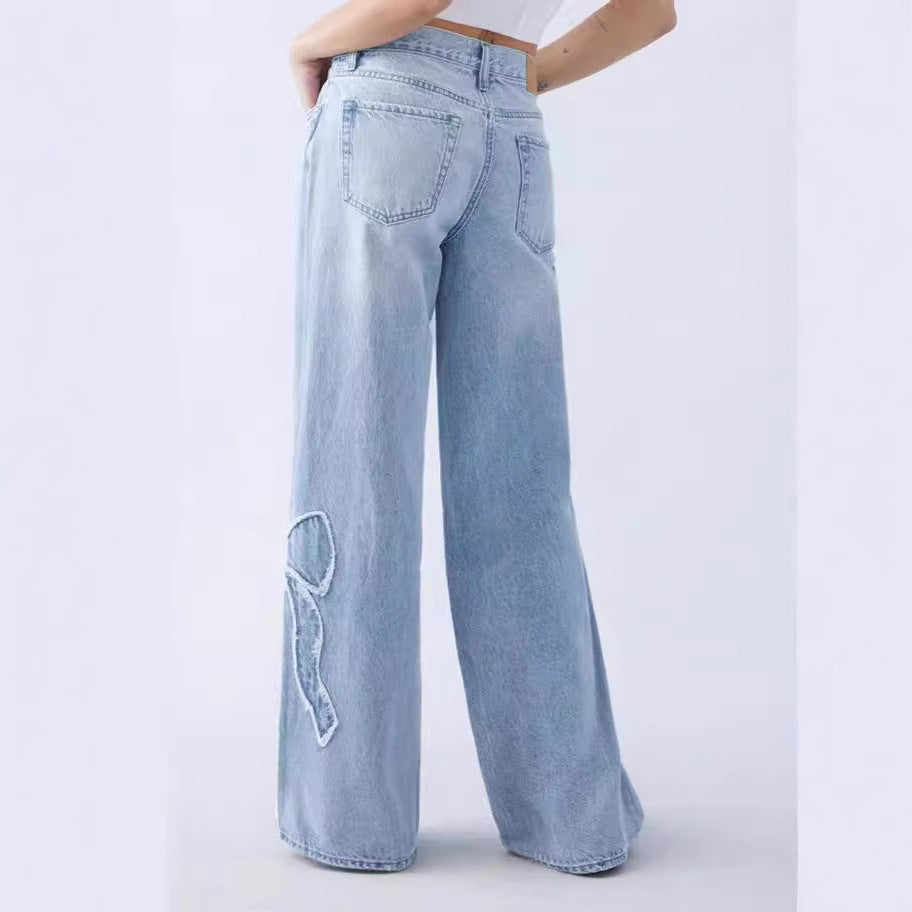 Bow Embroidered Loose Straight Leg Jeans