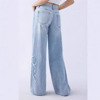 Bow Embroidered Loose Straight Leg Jeans
