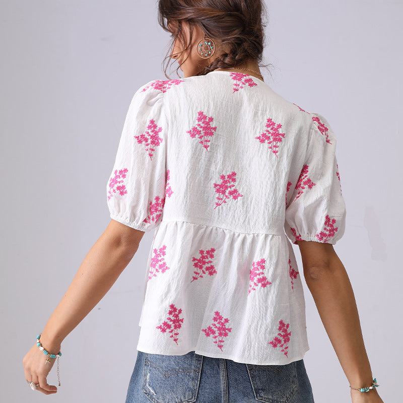Floral Embroidered V-Neck Button Down Shirt