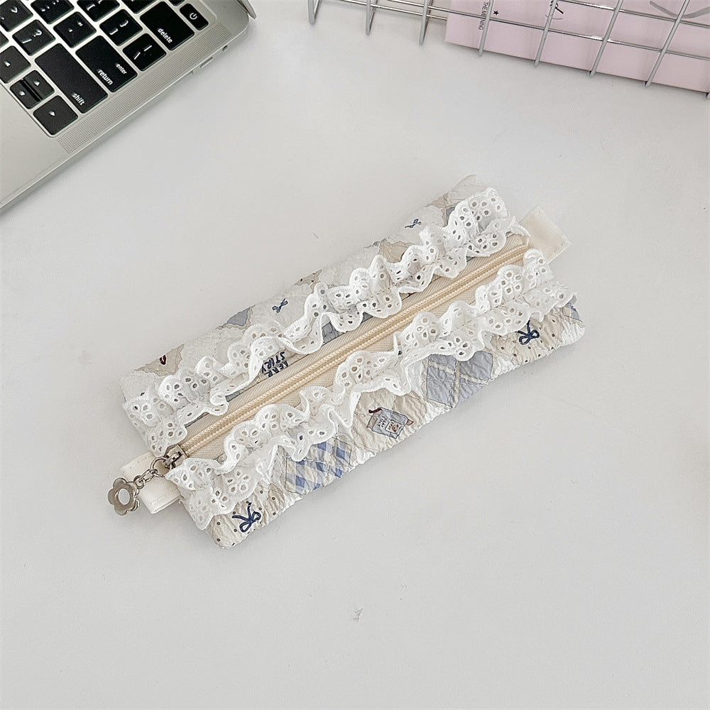 Lace Trim Cotton Quilted Pencil Pouch