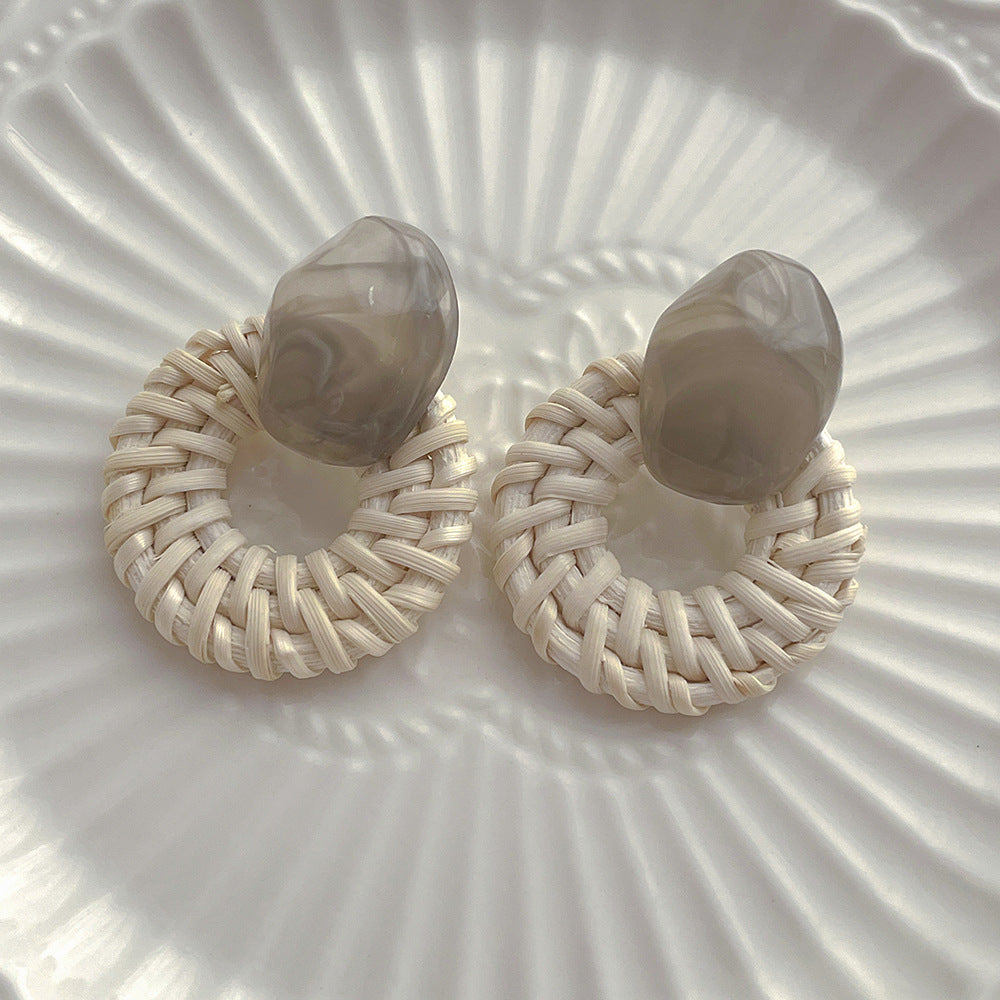 Vintage Handmade Rattan Round Drop Earrings