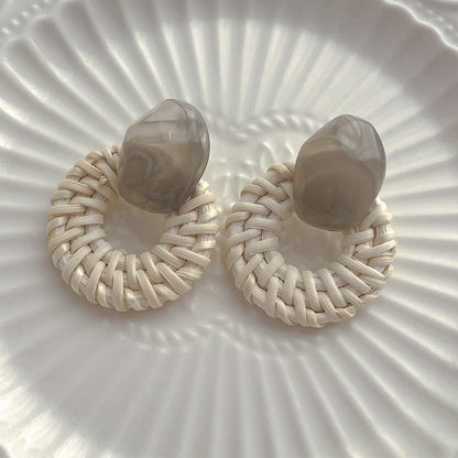 Vintage Handmade Rattan Round Drop Earrings