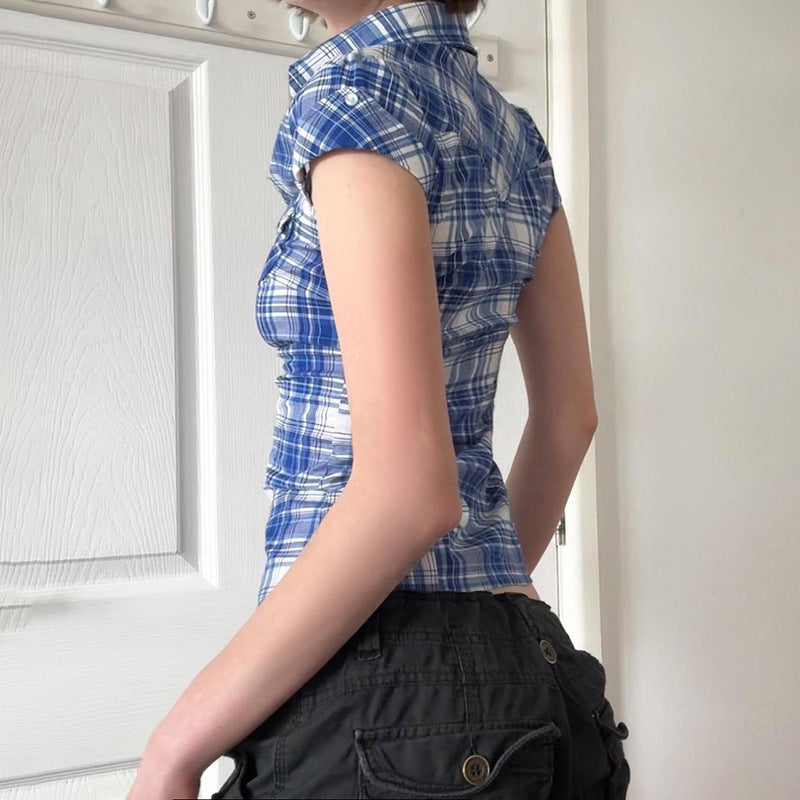 Vintage Plaid V-Neck Short Sleeve Shirt
