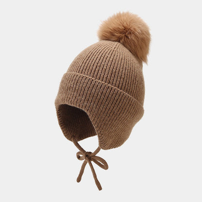Solid Color String Tie Knit Pom Beanie