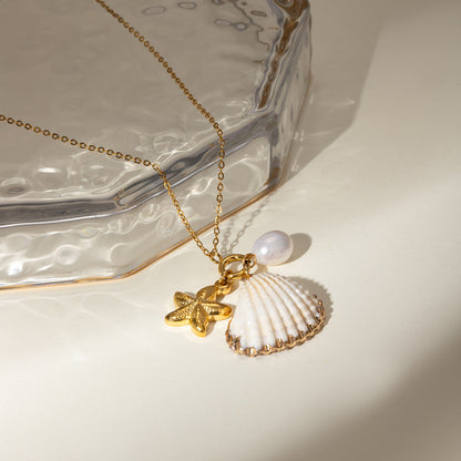 Pearl Starfish Shell Pendant Necklace
