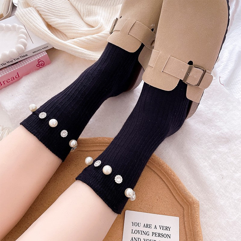 Rhinestone Pearl Solid Color Sweet Socks