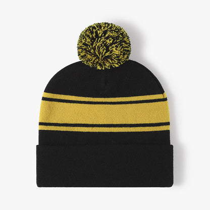 Soft Cuff Pom Pom Stripe Knit Beanie Hat
