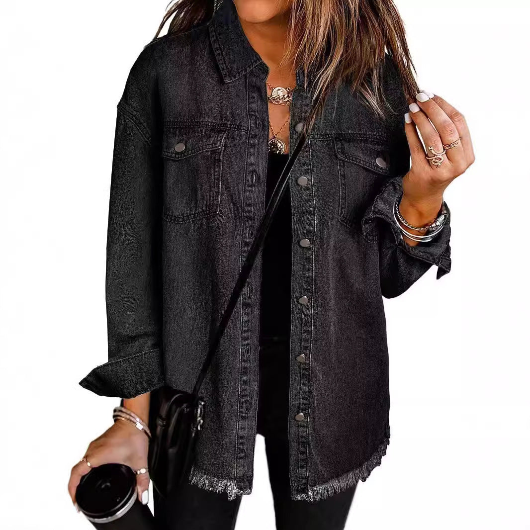 Trendy Washed Long Sleeve Frayed Hem Jacket