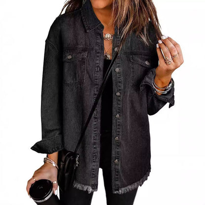 Trendy Washed Long Sleeve Frayed Hem Jacket