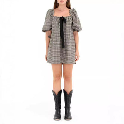 Vintage Off-Shoulder Puff Sleeve Babydoll Dress