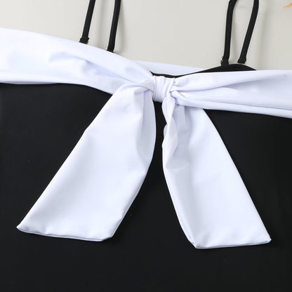 Color Block Bow Swimwear with Mesh Cover