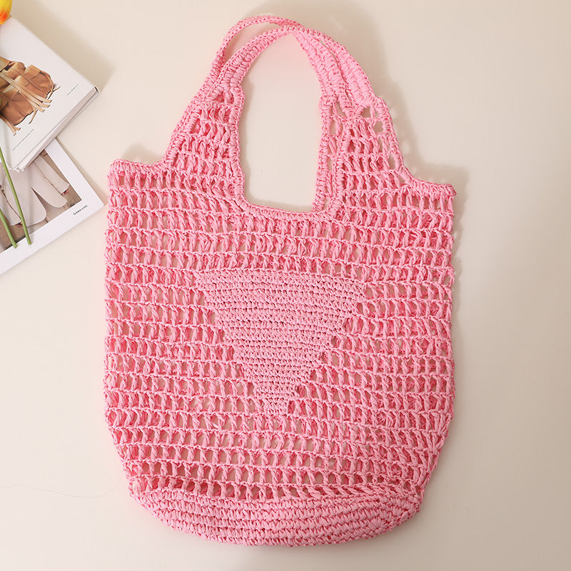 Solid Color Hollow Out Woven Handbag