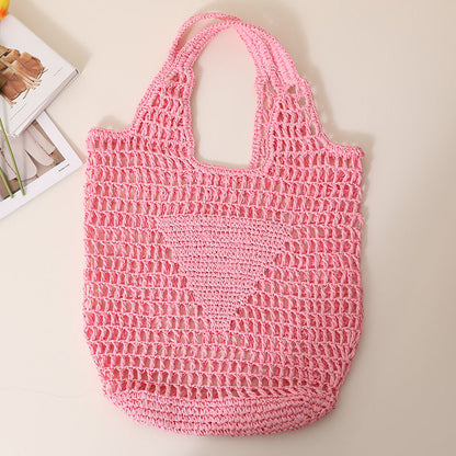 Solid Color Hollow Out Woven Handbag