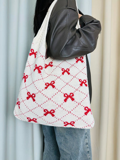 Bows Print Large Capacity Knit Shoulder Bag