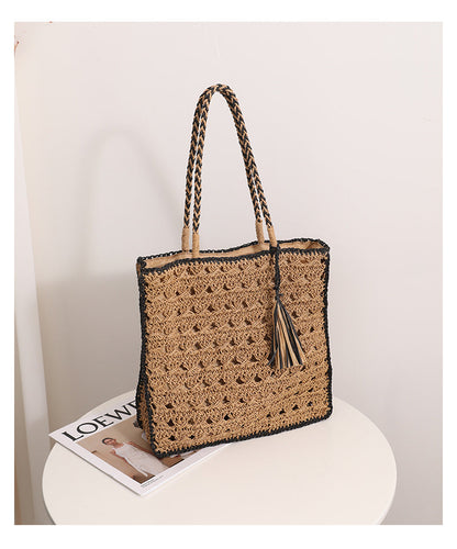 Tassel Color Block Hollow Out Woven Tote Bag
