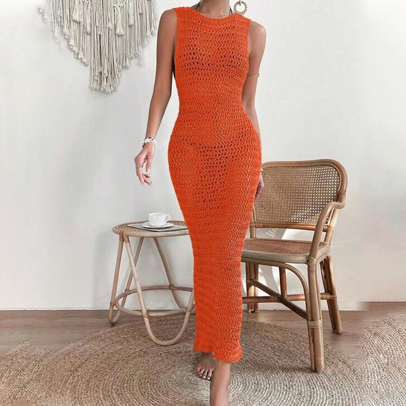 Solid Color Hollow Out Sexy Split Swim Cover Up