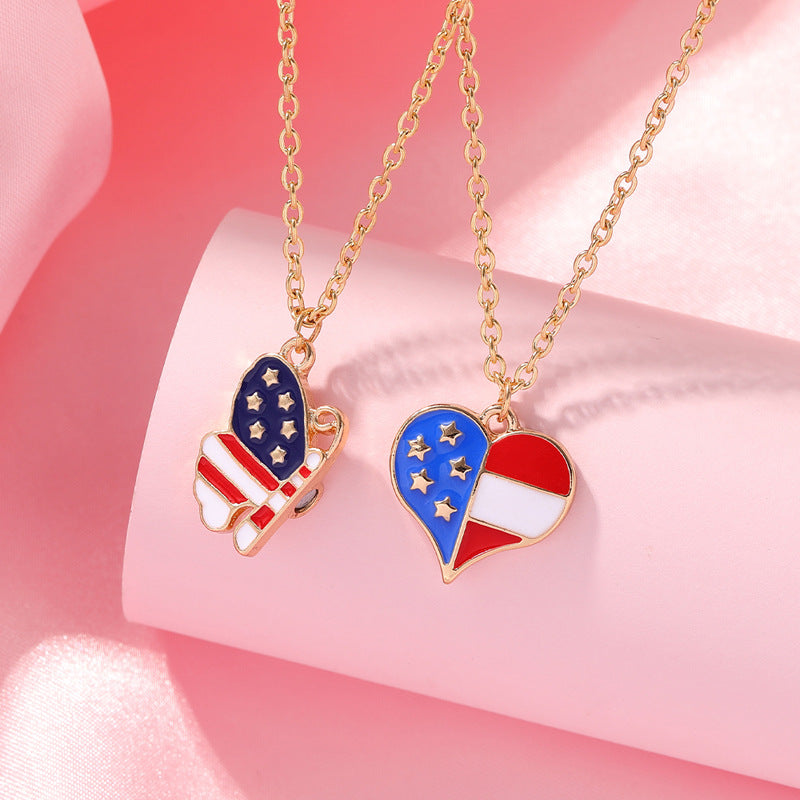 2Pcs USA Flag Heart Necklace Butterfly Necklaces