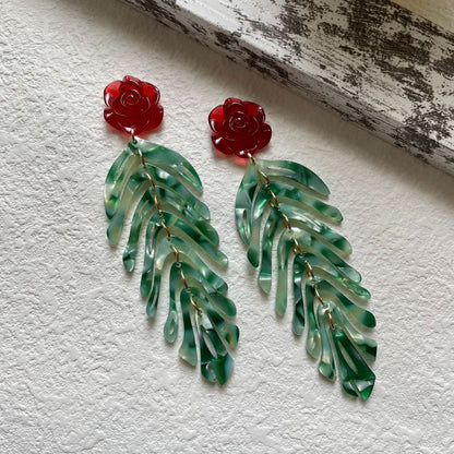Vintage Red Rose Leaf Tassel Dangle Earrings