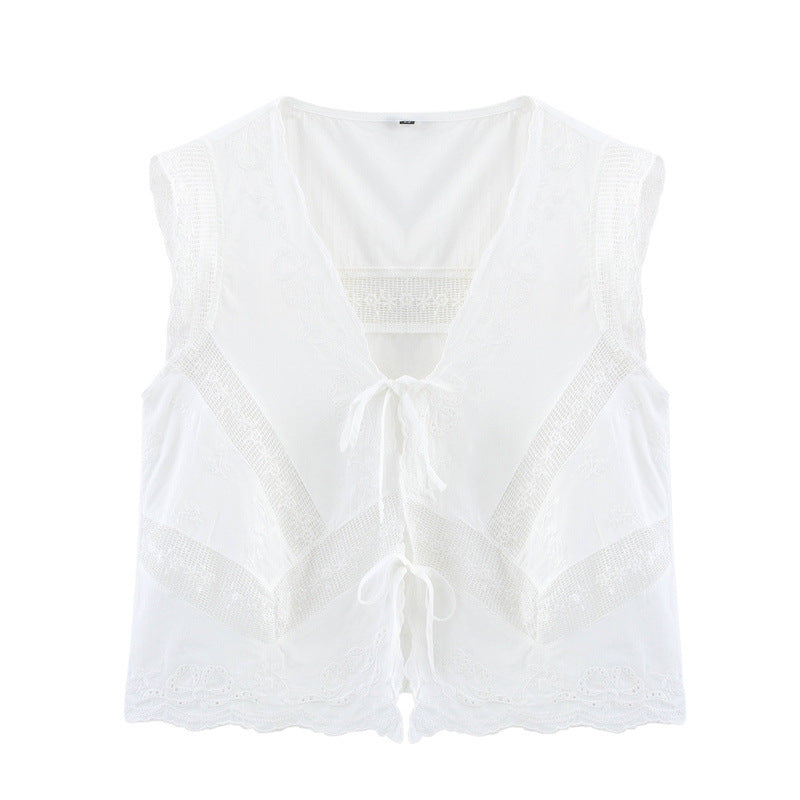 Casual Sleeveless Embroidered Tie Front Top