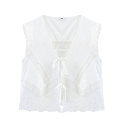 Casual Sleeveless Embroidered Tie Front Top