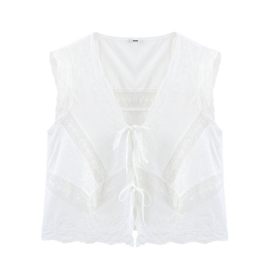 Casual Sleeveless Embroidered Tie Front Top