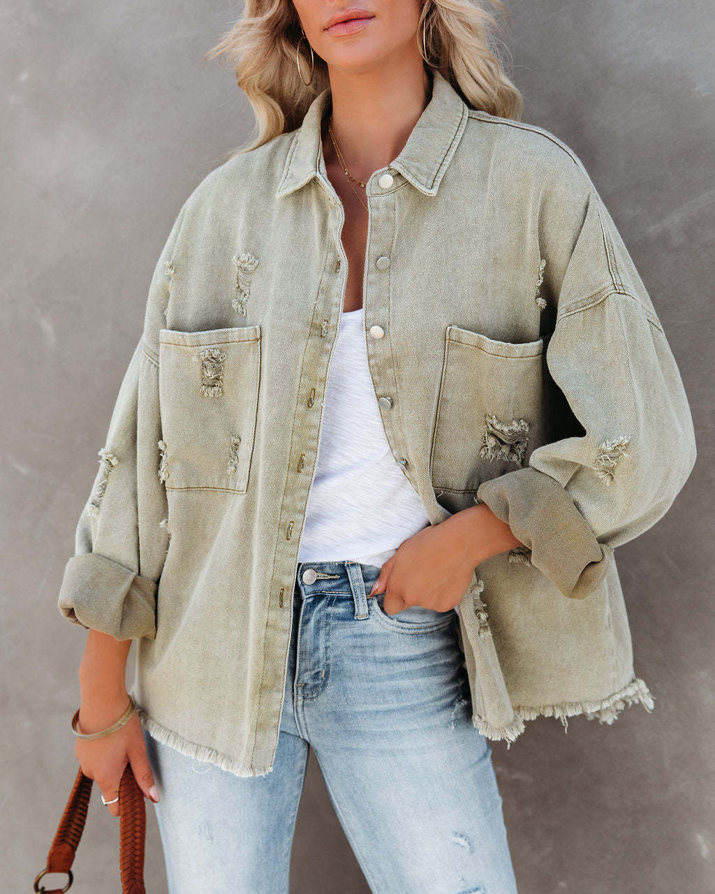 Vintage Lapel Collar Ripped Frayed Denim Jacket