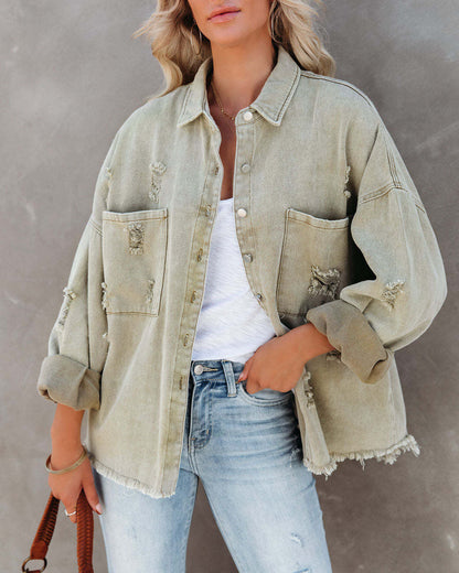 Vintage Lapel Collar Ripped Frayed Denim Jacket