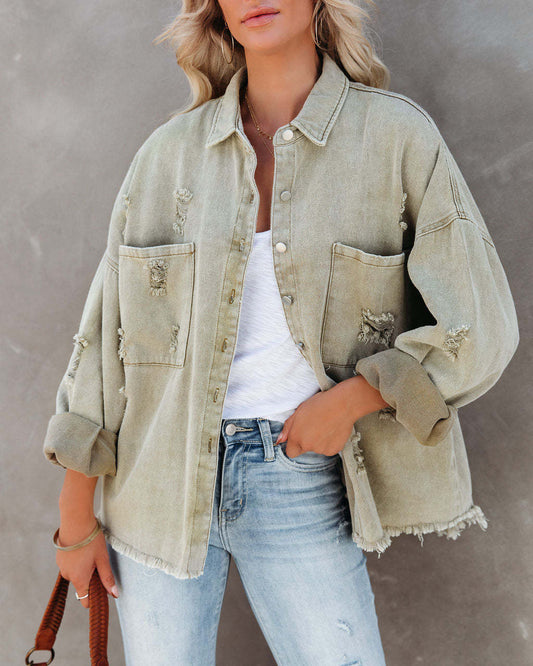 Vintage Lapel Collar Ripped Frayed Denim Jacket