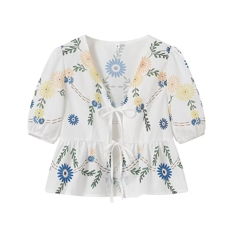 Trendy Flower Printed Tie Front Crop Top