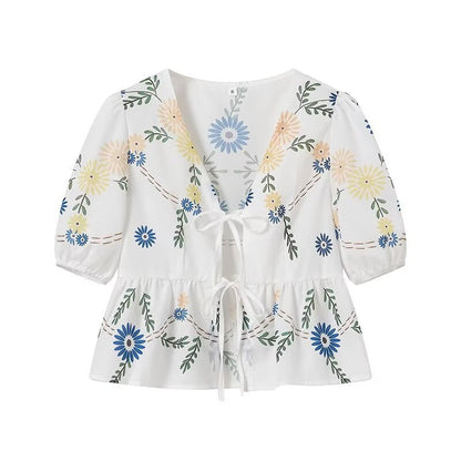 Trendy Flower Printed Tie Front Crop Top