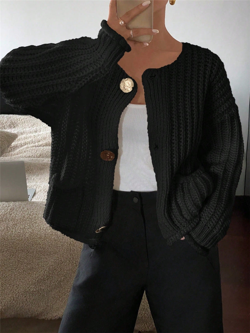 Round Neck Loose Long Sleeve Knit Cardigan