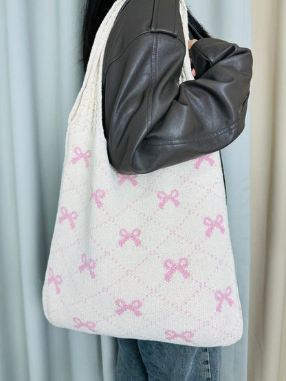 Bows Print Large Capacity Knit Shoulder Bag