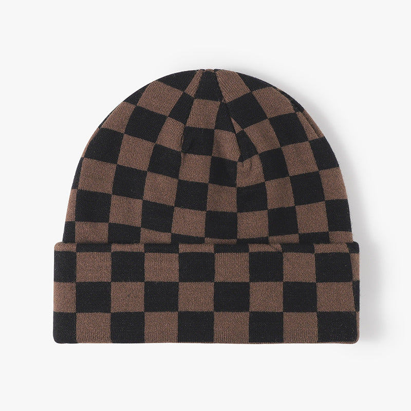 Color Contrast Checkered Knit Beanie Warm Hat
