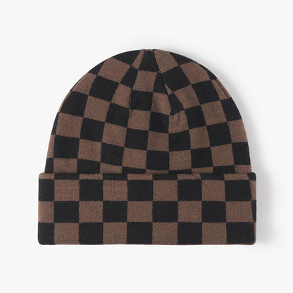 Color Contrast Checkered Knit Beanie Warm Hat