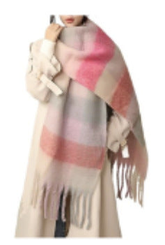 Cozy Color Block Plaid Fringed Knit Scarf