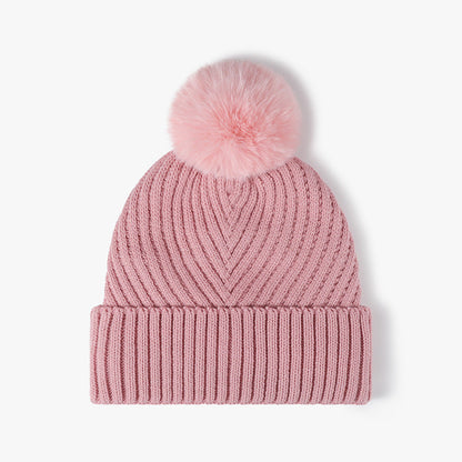 Solid Color Ribbed Knit Pom Beanie