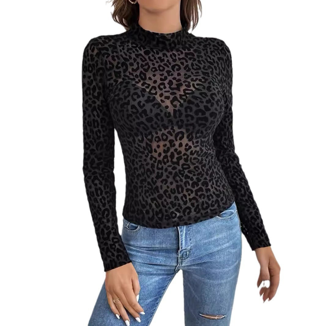Black Leopard Print Sexy Mesh Top