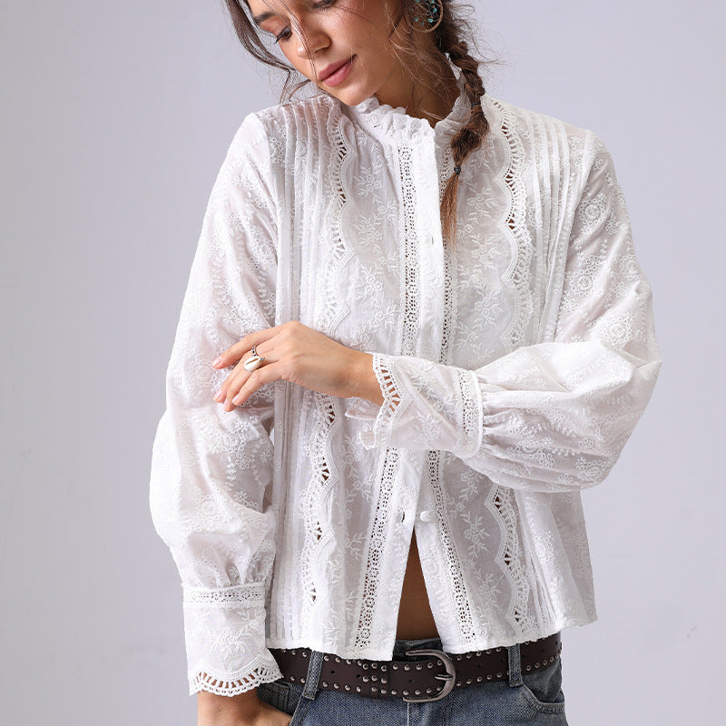 Embroidered Lace Ruffled Button Down Shirt