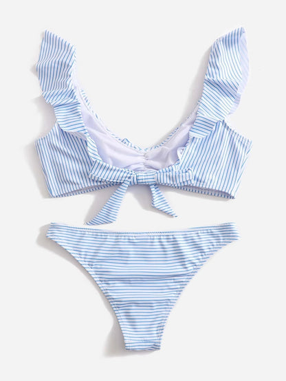 2PCS Striped Flounce V-Neck Swimwear